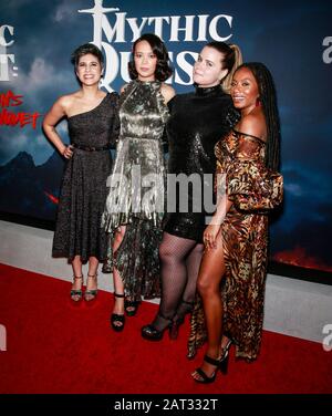 Los Angeles, CA - January 29, 2020: Ashly Burch, Charlotte Nicdao, Jessie Ennis and Imani Hakim attend the premiere of Apple TV+'s 'Mythic Quest: Rave Stock Photo