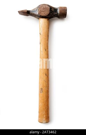 Overhead view of old used hammer isolated on white background Stock Photo
