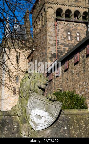 Lion on the Cardiff Castle wall in Cardiff City Centre South Wales Stock Photo