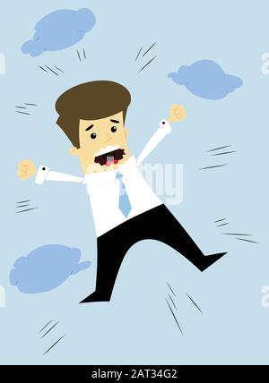 Cartoon falling businessman with clouds on blue backgroung. Vector illustration. Stock Vector