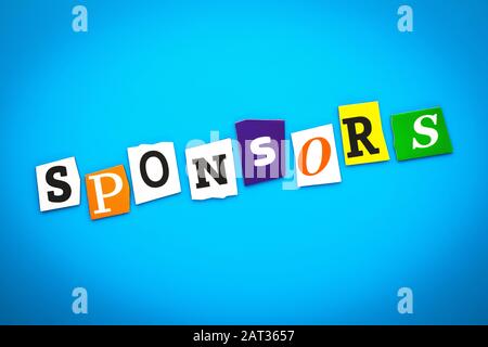 Text - sponsors from newspaper colorful letters on blue background. Single word, graphic banner Stock Photo