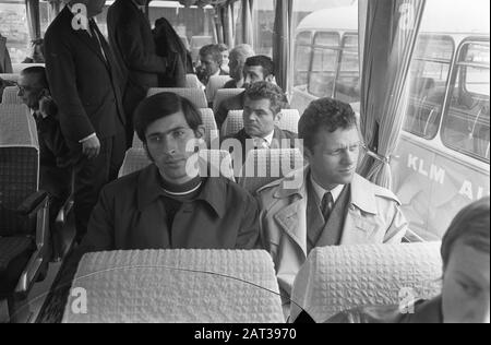The team of Legia-Warsaw arrives at Schiphol Airport: in the bus (l.) Deyna, (m.) Brychzcy, (r.) Bernard Blaut Date: 13 April 1970 Location: Noord-Holland, Schiphol Keywords: sport, football Personal name: Blaut, Bernard, Brychzcy, Peter, Deyna, Kazimierz Stock Photo