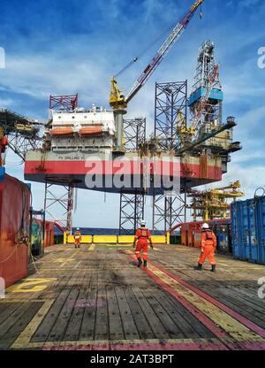 four point anchor handling operation carried out on deck vessel for oil ...