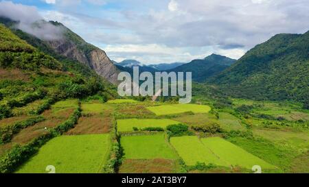 Mountain peaks with rainforest. Tropical trees and palm trees on a hillside. Cordillera on Luzon Island, Philippines, aerial view. Stock Photo