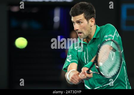 January 30, 2020: 2nd seed NOVAK DJOKOVIC (SRB) in action against 3rd seed ROGER FEDERER (SUI) on Rod Laver Arena in a Men's Singles Semifinal match on day 11 of the Australian Open 2020 in Melbourne, Australia. Sydney Low/Cal Sport Media. DJOKOVIC won 76 64 63 Stock Photo