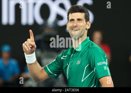 January 30, 2020: 2nd seed NOVAK DJOKOVIC (SRB) celebrates after defeating 3rd seed ROGER FEDERER (SUI) on Rod Laver Arena in a Men's Singles Semifinal match on day 11 of the Australian Open 2020 in Melbourne, Australia. Sydney Low/Cal Sport Media Stock Photo