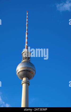 Berlin, Berlin state / Germany - 2018/07/24: Panoramic view of the Television Tower - Fernsehturm - at the Alexanderplatz square in the Mitte quarter of Berlin Stock Photo