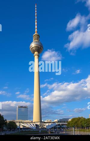 Berlin, Berlin state / Germany - 2018/07/24: Panoramic view of the Television Tower - Fernsehturm - at the Alexanderplatz square in the Mitte quarter of Berlin Stock Photo