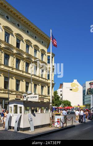 Berlin, Berlin state / Germany - 2018/07/30: Contemporary memorial of Checkpoint Charlie, known also as Checkpoint C - Berlin Wall historic crossing point between East Berlin and West Berlin in Cold War time Stock Photo