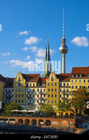 Berlin, Berlin state / Germany - 2018/07/24: Panoramic view of the Historic Mitte quarter of Berlin by the Spree river with Television Tower - Fernsehturm - in background Stock Photo