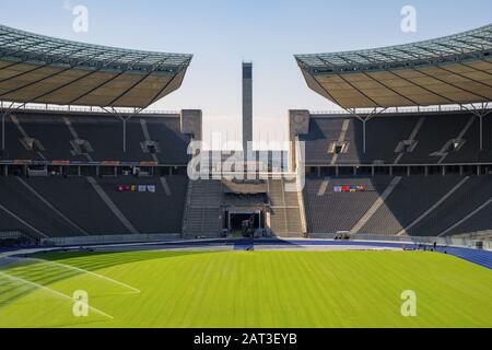 Berlin, Berlin state / Germany - 2018/07/31: Inner space of the historic Olympiastadion sports stadium originally constructed for the Summer Olympic in 1936 Stock Photo