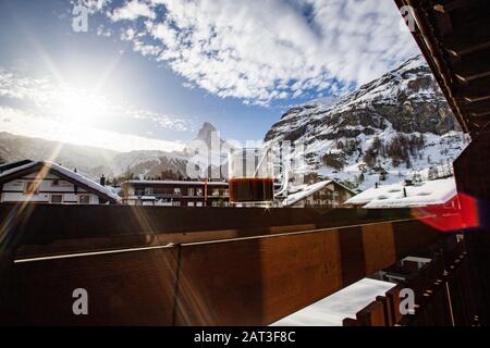 view of Matterhorn through hotel window in Zermatt Stock Photo