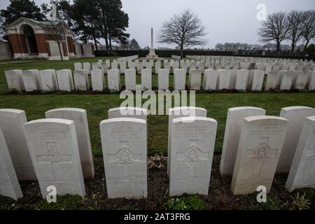 Dunkirk War Cemetery, which includes British War Graves of the British Expeditionary Force, soldiers lost during Operation Dynamo evacuation of Dunkirk. Stock Photo