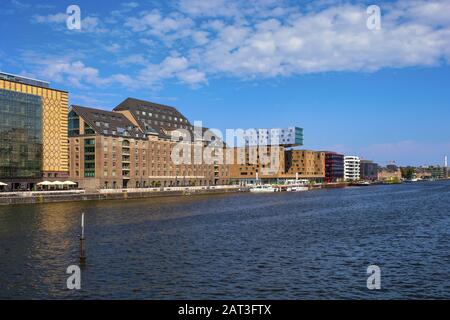 Berlin, Berlin state / Germany - 2018/07/30: Panoramic view of the south-eastern quarter of Berlin along the Spree river with contemporary modernistic architecture Stock Photo