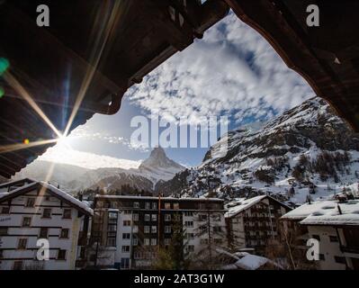 view of Matterhorn through hotel window in Zermatt Stock Photo