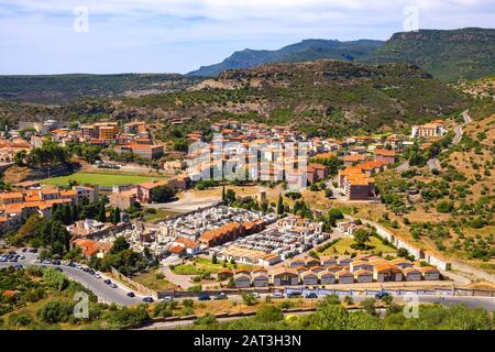 Bosa, Sardinia / Italy - 2018/08/13: Panoramic view of the town of Bosa and surrounding hills seen from Malaspina Castle hill - known also as Castle of Serravalle