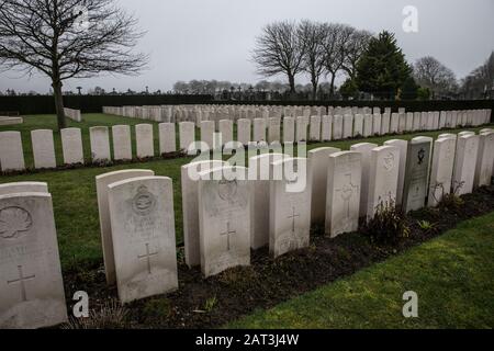 Dunkirk War Cemetery, which includes British War Graves of the British Expeditionary Force, soldiers lost during Operation Dynamo evacuation of Dunkirk. Stock Photo