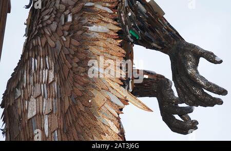 The 'Knife Angel' sculpture, which has been created with 100,000 knives collected by 41 police forces across the country via knife amnesties and confiscations, after it was installed outside the Sage Gateshead. The 27-foot high artwork, created by artist Alfie Bradley, arrived in Gateshead following a campaign by Alison Madgin whose 18 year old daughter was stabbed to death in 2007. Stock Photo