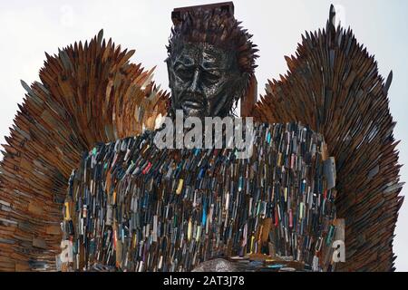 The 'Knife Angel' sculpture, which has been created with 100,000 knives collected by 41 police forces across the country via knife amnesties and confiscations, after it was installed outside the Sage Gateshead. The 27-foot high artwork, created by artist Alfie Bradley, arrived in Gateshead following a campaign by Alison Madgin whose 18 year old daughter was stabbed to death in 2007. Stock Photo