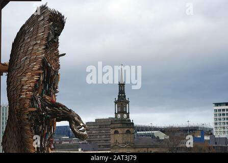 The 'Knife Angel' sculpture, which has been created with 100,000 knives collected by 41 police forces across the country via knife amnesties and confiscations, after it was installed outside the Sage Gateshead. The 27-foot high artwork, created by artist Alfie Bradley, arrived in Gateshead following a campaign by Alison Madgin whose 18 year old daughter was stabbed to death in 2007. Stock Photo