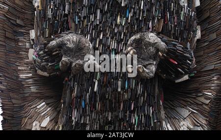 The 'Knife Angel' sculpture, which has been created with 100,000 knives collected by 41 police forces across the country via knife amnesties and confiscations, after it was installed outside the Sage Gateshead. The 27-foot high artwork, created by artist Alfie Bradley, arrived in Gateshead following a campaign by Alison Madgin whose 18 year old daughter was stabbed to death in 2007. Stock Photo