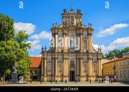 Warsaw, Mazovia / Poland - 2019/06/01: Front view of the rococo Visitationist St. Joseph Church �â�� known as Kosciol Wizytek - at the Krakowskie Przedmiescie street in the Old Town quarter of Warsaw Stock Photo