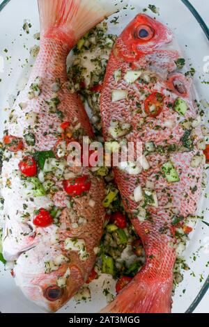 Two raw Red Snappers seasoned with onions, herbs and chillies Stock Photo