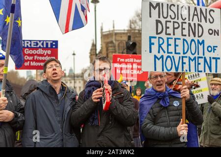 Westminster, UK. 30th Jan, 2020. On the last full day of Britain's membership of the EU, pro Europe supporters gather outside the Houses of Parliament. Penelope Barritt/Alamy Live News Stock Photo
