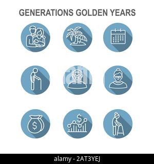 Generations: Golden Years Icon Set with retirement calendar , money, etc Stock Vector