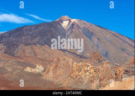 The top of volcano Teide on Canary Island Tenerife is 3718 meters high, and the highest mountain in Spain. Stock Photo