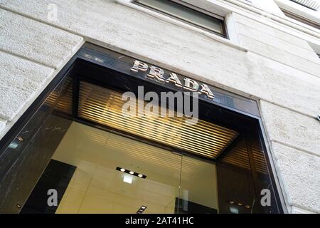 Prada Store, Via della Spiga, Quadrilatero della moda, fashion square or Via Montenapoleone fashion district, Milan, Lombardy, Italy, Europe Stock Photo