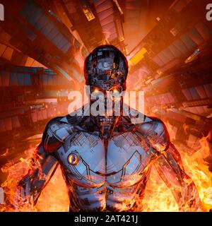 Fury of the machine / 3D illustration of scary futuristic science fiction skull faced humanoid cyborg emerging from burning space ship Stock Photo