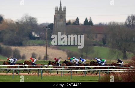 Runners and Riders in action on the back straight during the BetYourWay At Betway Handicap at Southwell Racecourse. Stock Photo