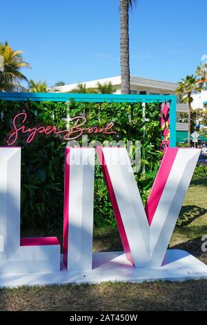 MIAMI, FL -28 JAN 2020- View of the Superbowl LIV 54 sign near the FOX broadcast studios in Miami Beach to happen on February 2, 2020 at the Hard Rock Stock Photo