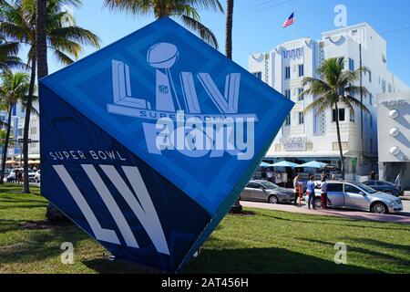 MIAMI, FL -28 JAN 2020- View of the Superbowl LIV 54 sign near the FOX broadcast studios in Miami Beach to happen on February 2, 2020 at the Hard Rock Stock Photo