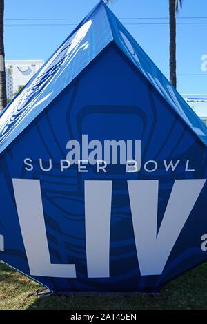 MIAMI, FL -28 JAN 2020- View of the Superbowl LIV 54 sign near the FOX broadcast studios in Miami Beach to happen on February 2, 2020 at the Hard Rock Stock Photo