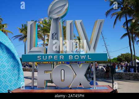 MIAMI, FL -28 JAN 2020- View of the Superbowl LIV 54 sign near the FOX broadcast studios in Miami Beach to happen on February 2, 2020 at the Hard Rock Stock Photo