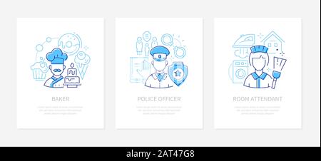 Different professions and services - line design style banners set Stock Vector