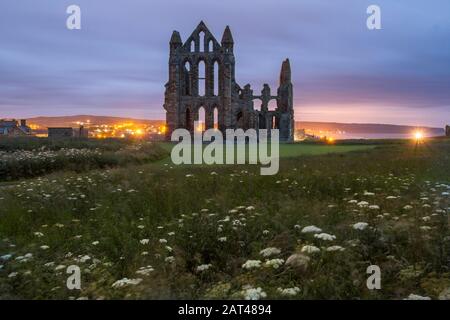 Whitby Abbey in the UK at dusk. Stock Photo