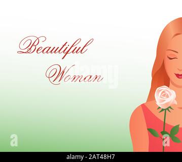 Beautiful blonde girl with a white rose in a red dress. Place for text. Vector romantic female illustration. Stock Vector
