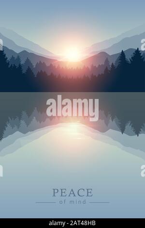 beautiful sunrise by peaceful lake on mountain nature landscape vector illustration EPS10 Stock Vector