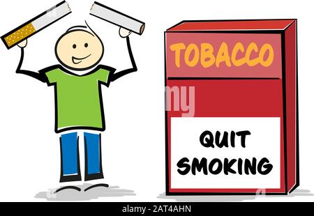 smiling stickman person breaking cigarette with both hands, quit smoking concept vector illustration Stock Vector