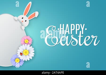 Easter cover. Cute cartoon rabbit and egg. Spring flowers with ladybug. Greeting card. Egg hunt. Vector illustration. EPS 10 Stock Vector