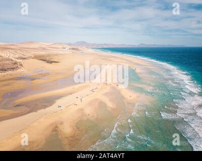 Sotavento beach at high tide, Fuerteventura, Canary islands. Aerial view