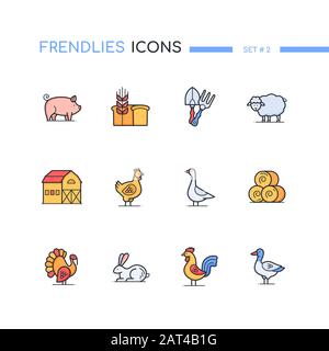 Farm animals and objects - line design style icons set Stock Vector