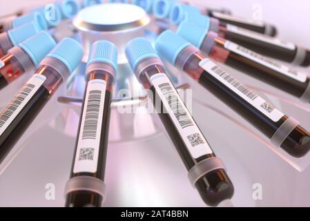 Blood tubes in the centrifuge. Concept image of blood tests, diseases and genetic and laboratory research. Stock Photo