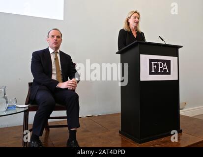FPA exclusive briefing with the Secretary of State for Foreign and Commonwealth Affairs, Dominic Raab , just 2 days before Brexit day ( 31 January ) on the day he is due to meet US Secretary of State Mike Pompeo . Format : opening remarks on record , Q & A off record  The Briefing took place at Carlton House Terrace, London , UK on the 29 th January 2020 at 9.30 AM Stock Photo