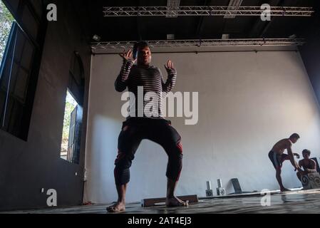 Battambang, Cambodia, Asia: an actor from the Phare Ponleu Selpak Circus rehearses the performance of the evening show Stock Photo