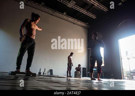 Battambang, Cambodia, Asia: an actor from the Phare Ponleu Selpak Circus rehearses the performance of the evening show Stock Photo