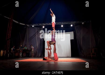 Battambang, Cambodia, Asia: a group of acrobats from the Phare Ponleu Selpak Circus during a performance in the evening show Stock Photo